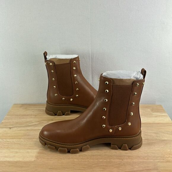 Michael Kors Ridley Studded Leather Gore Lug Sole Booties- Luggage- Size 7.5 M- - Picture 4 of 7